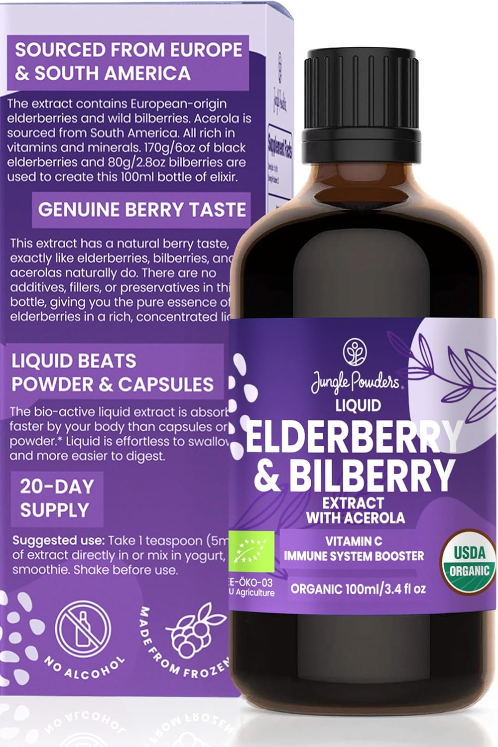 Organic Elderberry Syrup with Liquid Wild Bilberry Extract for Eyes 3.4oz Bottle USDA Certified Sambucus Immune Support Supplement - Acerola for Vitamin C Alcohol-Free High Bioavailability Anthocyanin