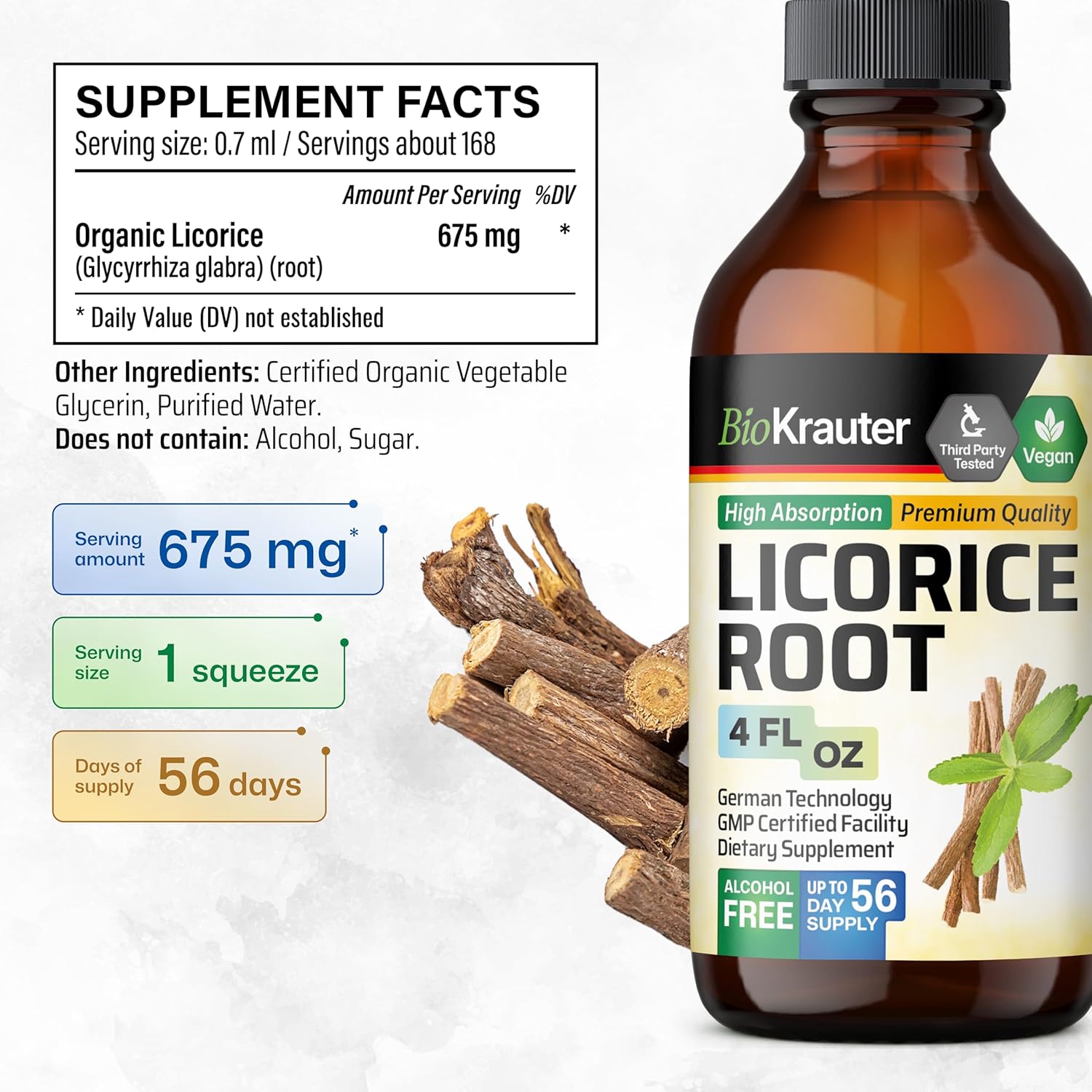 BIO KRAUTER Licorice Root Tincture - Licorice Root Extract for Digestive Support - Alcohol and Sugar Free - Vegan Drops 4 Fl.Oz.