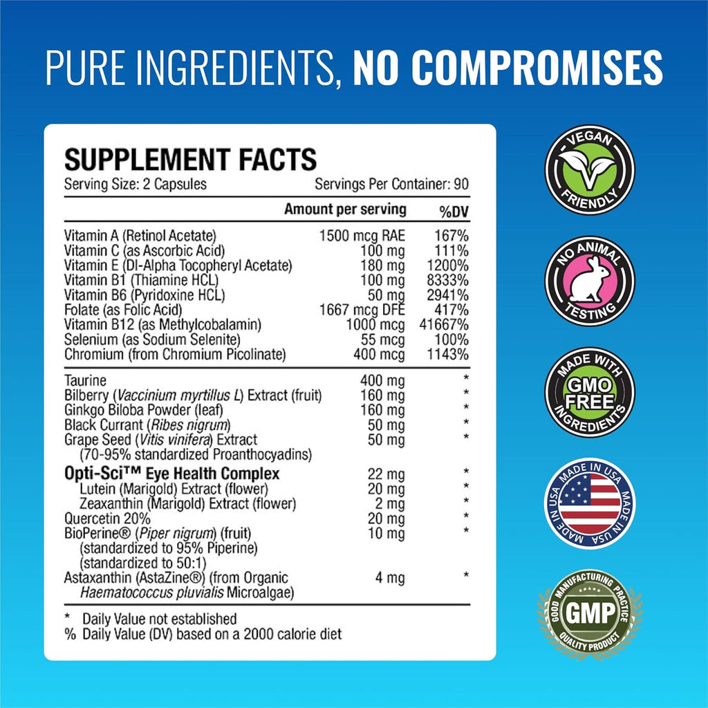 Approved Science EyeSyl - Eye Support Supplement - Chromium Picolinate, Taurine, Lutein, Zeaxanthin, Bilberry, BioPerine - 3 Month Supply - 180 Capsules - Made in USA