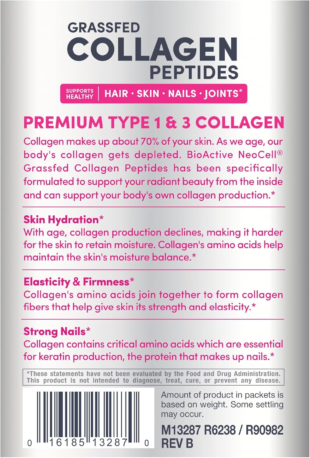 NeoCell Super Collagen Peptides, 10 g Collagen/Single-Serve Packet; Keto Certified, Gluten Free; for Healthy Skin, Hair, Nails and Joint Support;* Unflavored Powder, 20 Servs, 7 Oz.