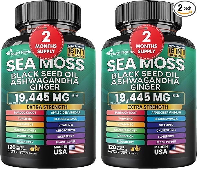 Sea Moss Black Seed Oil Ashwagandha and Burdock Root 16 in 1 Supplement 2 Bottles