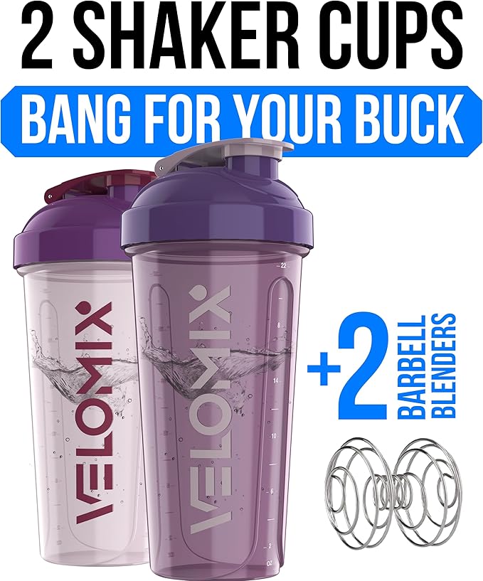 VELOMIX -2 Pack- 28 oz Protein Shaker Bottles for Protein Mixes - 2x Wire Whisk | Leak Proof Shaker Cups for Protein Shakes | Protein Shaker Bottle Pack (Purple Mix)