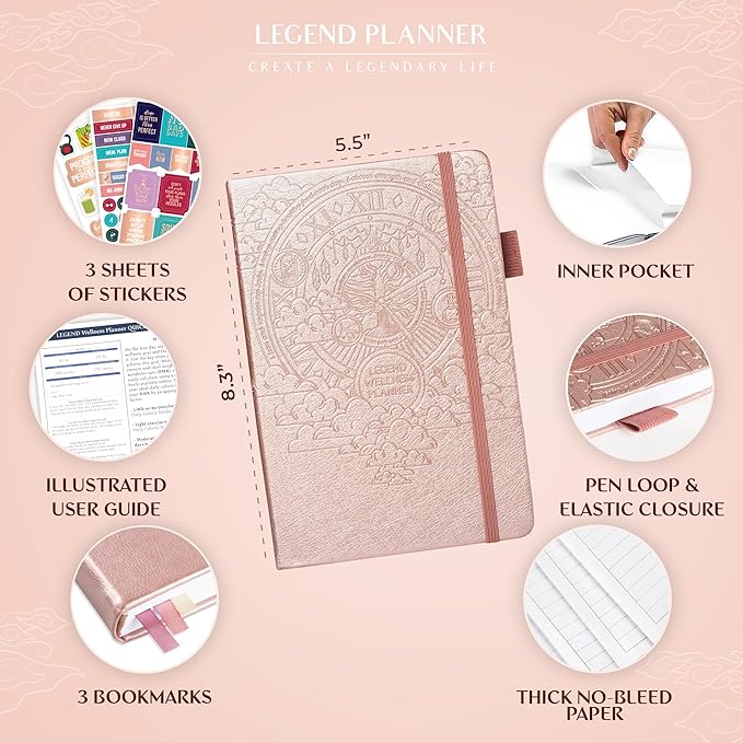 Legend Wellness Planner & Food Journal Pocket – Daily Diet & Health Journal with Weight Loss, Measurement & Exercise Trackers – Lifestyle & Nutrition Diary – Lasts 6 Months, 3.9x6.3″ – Rose Gold