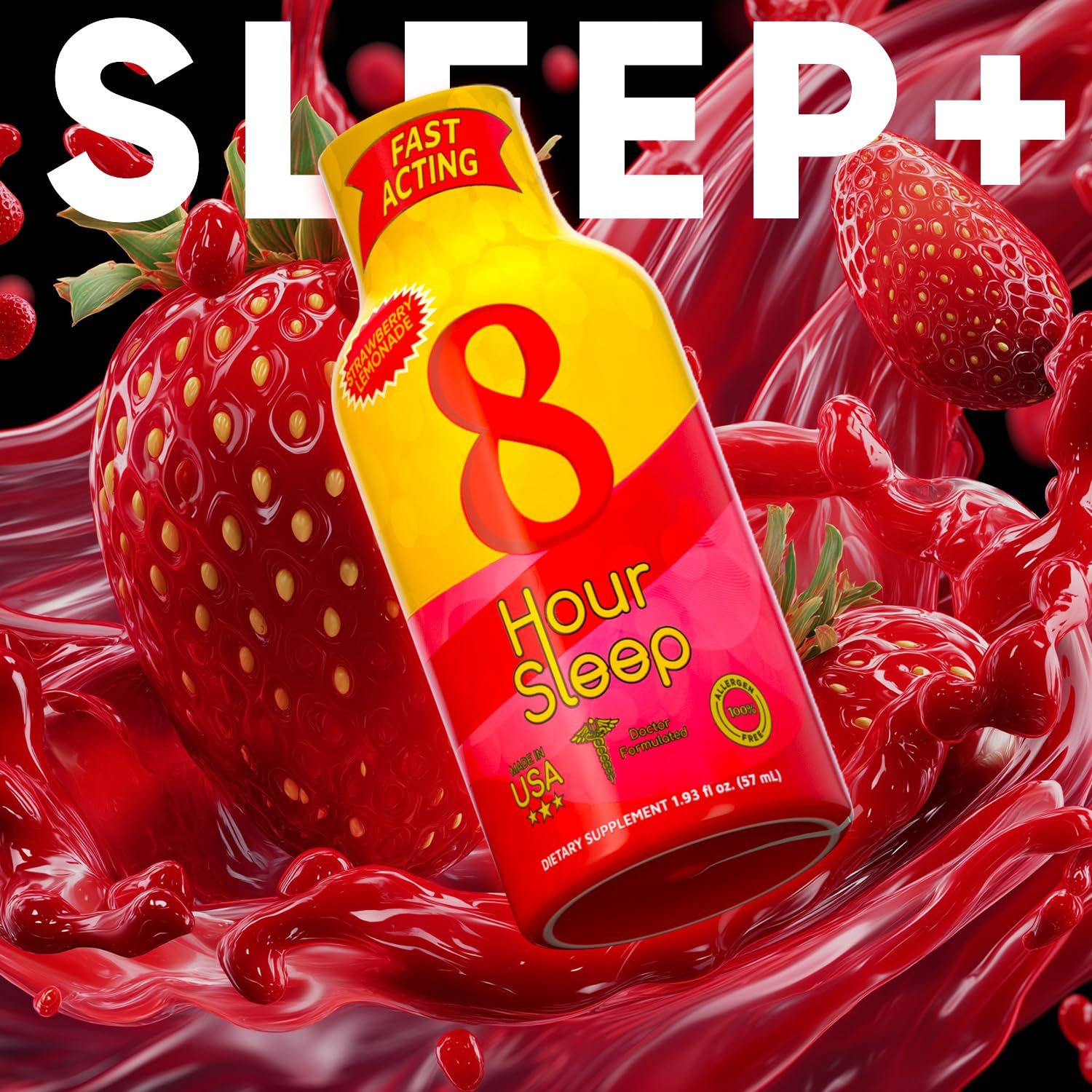 Vitamin Energy 8 Hour Sleep Shot Strawberry Lemonade 48 Pack, Melatonin, 5-HTP, GABA, Valerian, Lavender, Nighttime Relaxation & Sleep Support Supplement, Zero Sugar, Vegan, Gluten-Free, Kosher, 1.93 fl oz