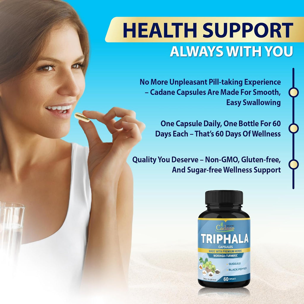 Organic Cadane Triphala Extract Capsules & Turmeric, Guggul, Ginger, Black Pepper, Moringa - Complex Supplement Herbs