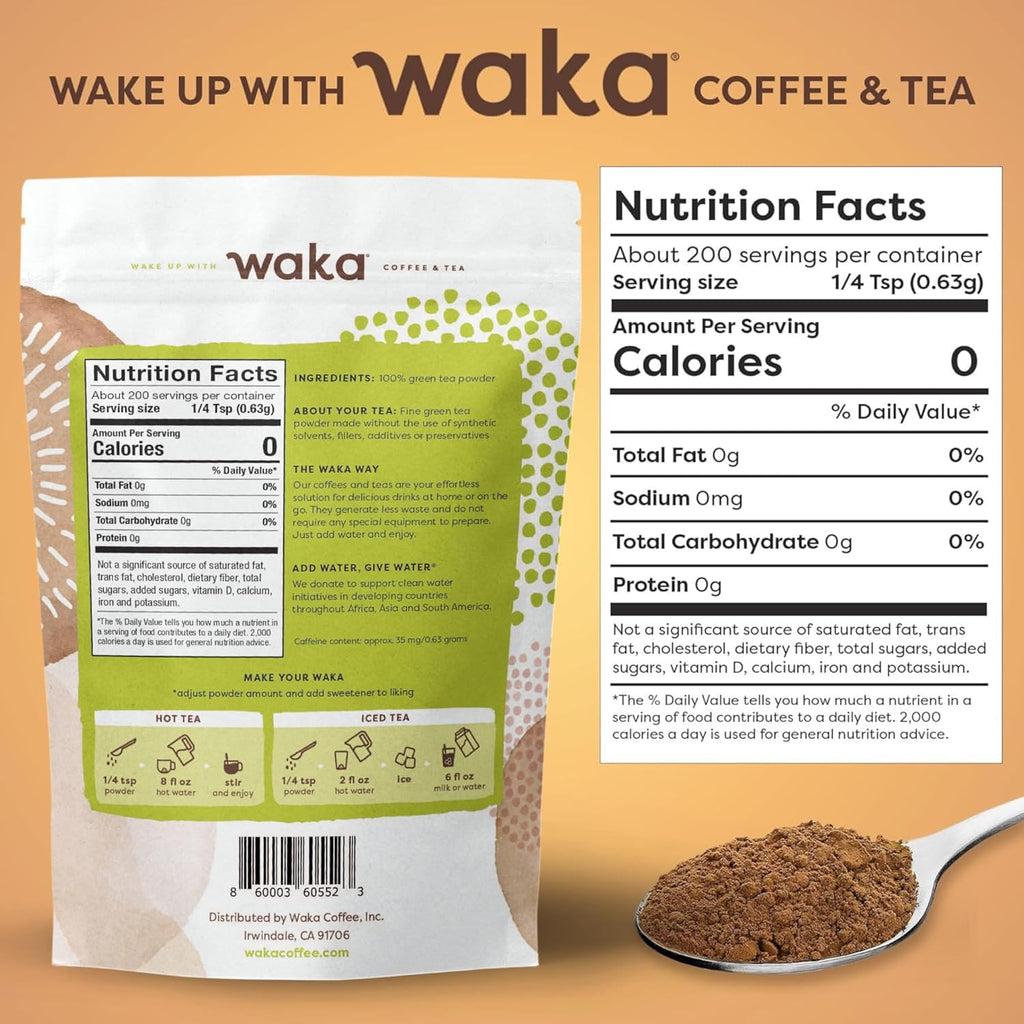 Waka Instant Green Tea Mix, Original - 100% Tea Leaves, No Additives, Unsweetened Tea Powder for 50 Quarts or 200 Cups – Easy and Quick Hot or Iced Teas (4.5oz)
