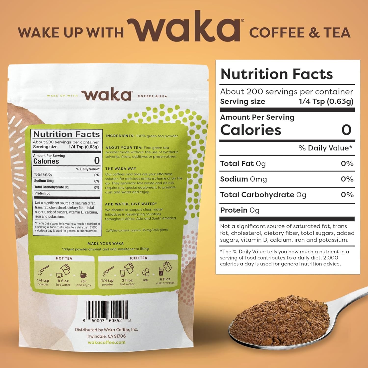 Waka Instant Green Tea Mix, Original - 100% Tea Leaves, No Additives, Unsweetened Tea Powder for 50 Quarts or 200 Cups – Easy and Quick Hot or Iced Teas (4.5oz)