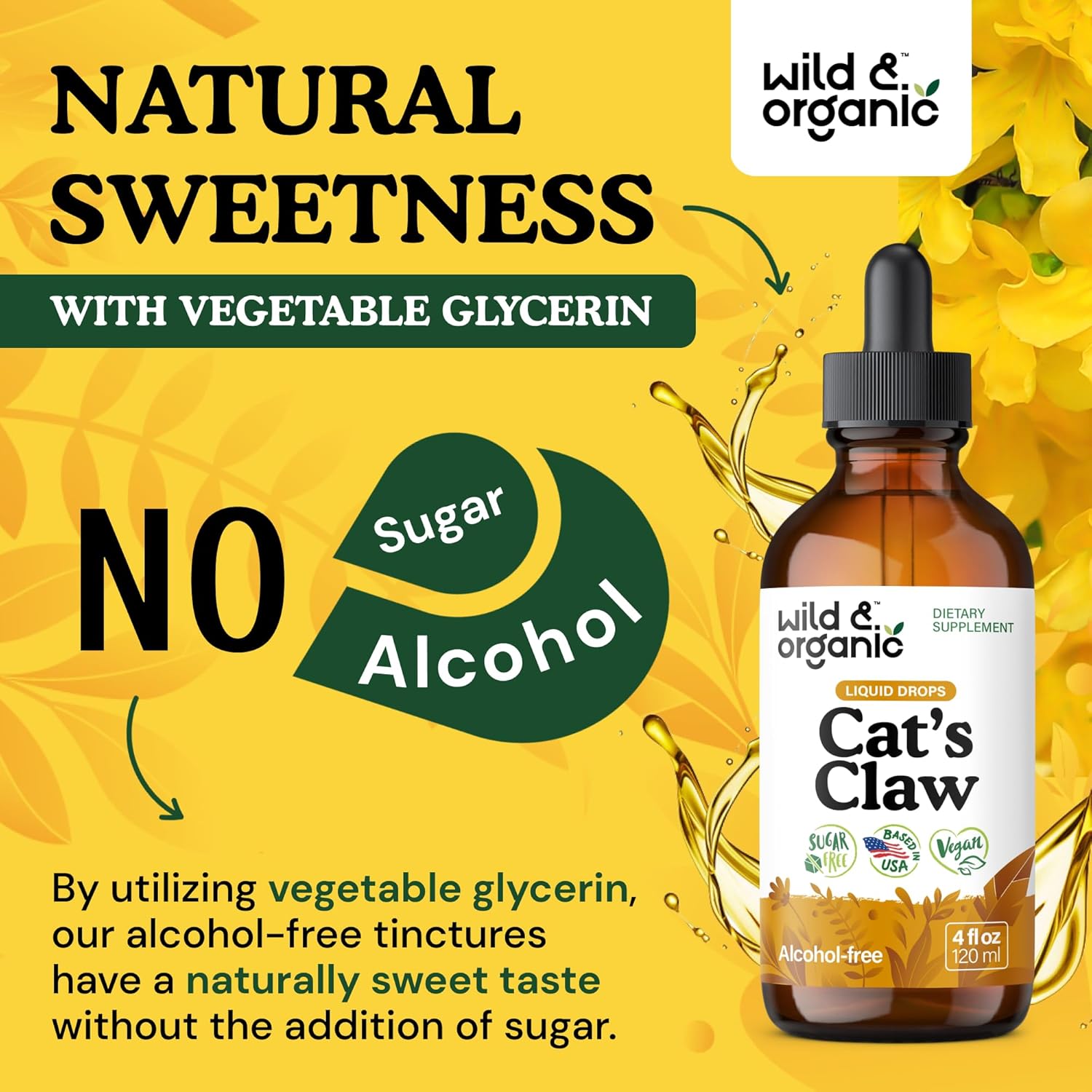 Wild & Organic Cats Claw Tincture - Immune Support Supplement - Cats Claw Herb Liquid Extract - Vegan, Sugar & Alcohol-Free Bark Based Drops - 4 fl oz