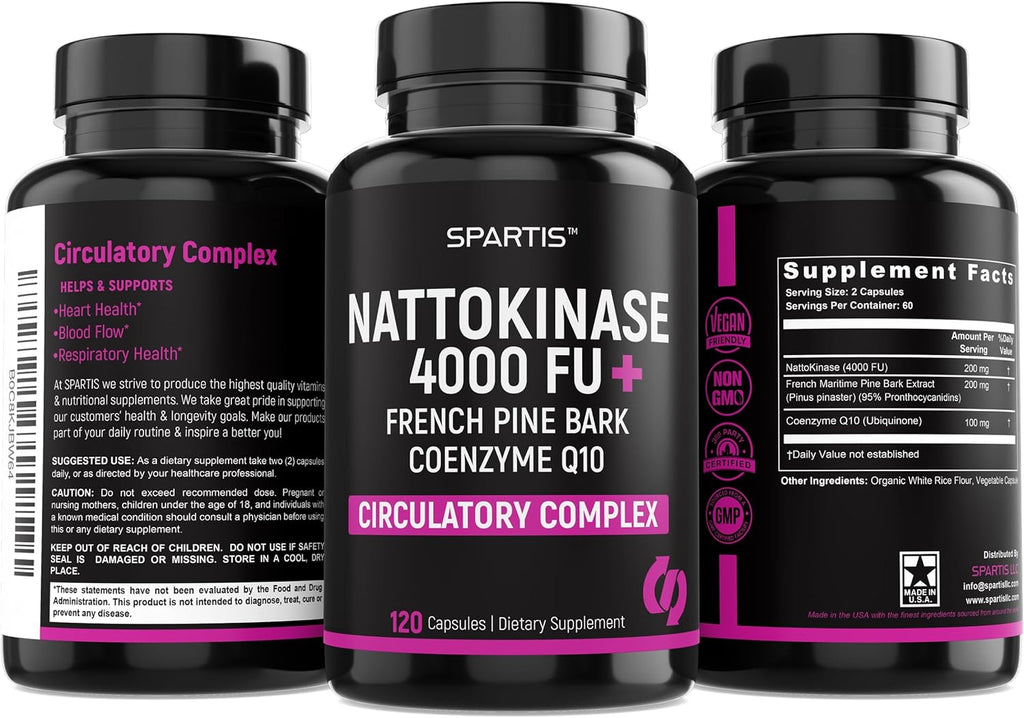 Nattokinase Supplement 4000 FU CoQ10 100mg French Maritime Pine Bark Extract 200mg with Enzymes for Circulatory & Cardiovascular Support (Pack of 1 at 120-Caps)