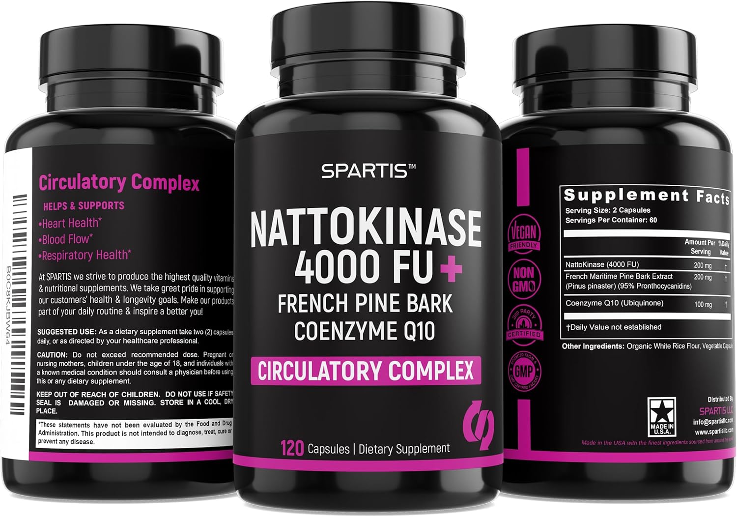Nattokinase Supplement 4000 FU CoQ10 100mg French Maritime Pine Bark Extract 200mg with Enzymes for Circulatory & Cardiovascular Support (Pack of 1 at 120-Caps)