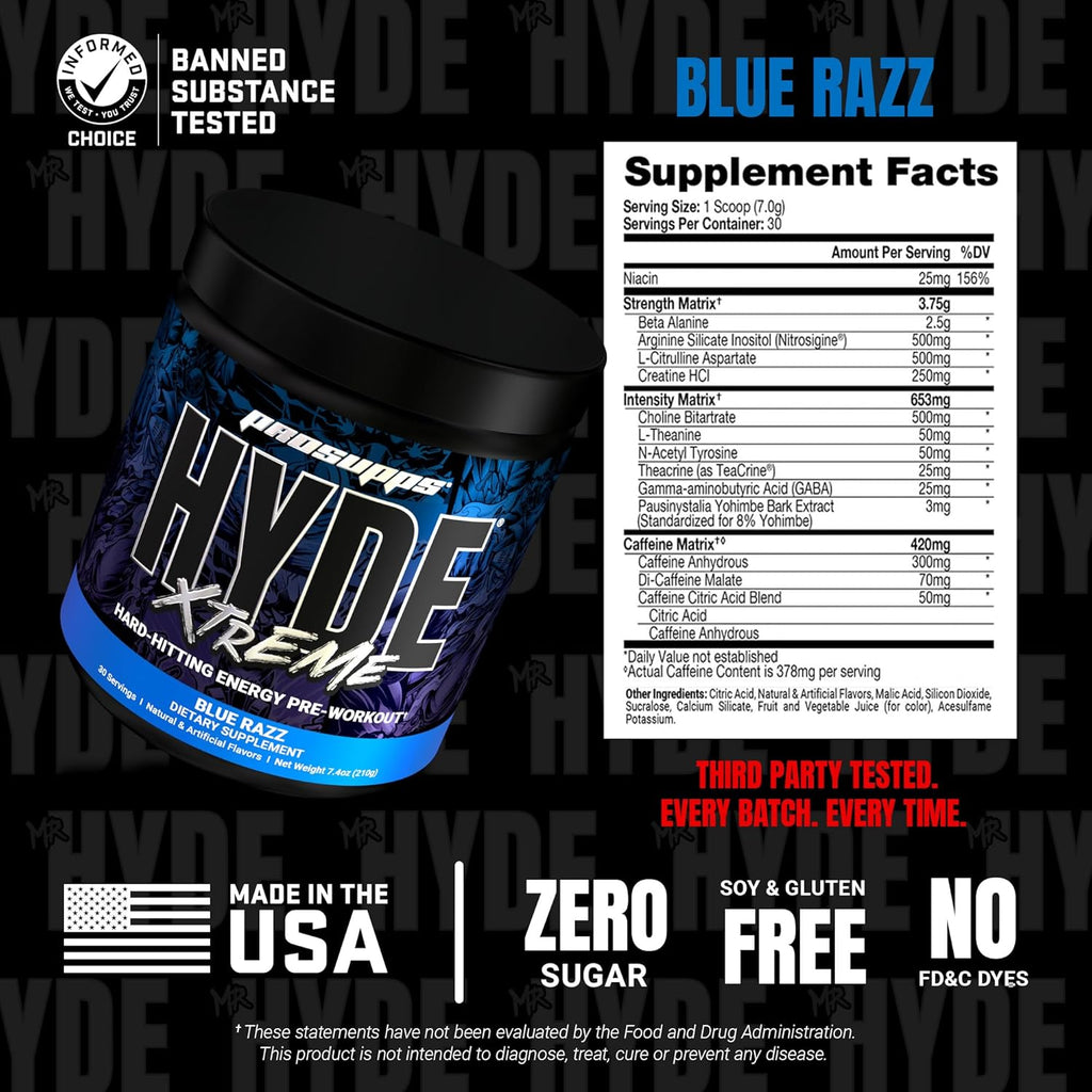 PROSUPPS Mr. Hyde Xtreme Pre Workout Powder with Creatine, Beta Alanine & Caffeine – Extreme Energy, Pumps, Focus & Performance - Fitness & Gym Supplements for Men & Women (Blue Razz, 30 Servings)