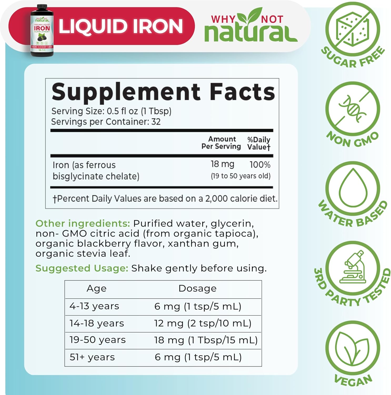 Why Not Natural Liquid Iron Supplement for Women, Men and Kids, Vegan Formulation for Anemia, Sugar Free, Vegan, Non-GMO, Organic BlackBerry Flavor 16 Fl Oz