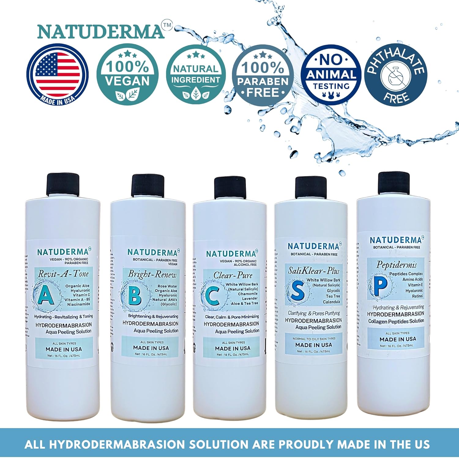 Hydrodermabrasion Solutions | Revitalizing Antioxidant Serum for Hydro Dermabrasion Machine and Oxygen Facial, Revita-A-Tone, 16 oz | and Hyaluronic Acid Serum with Vitamin C, 1oz, by Natuderma