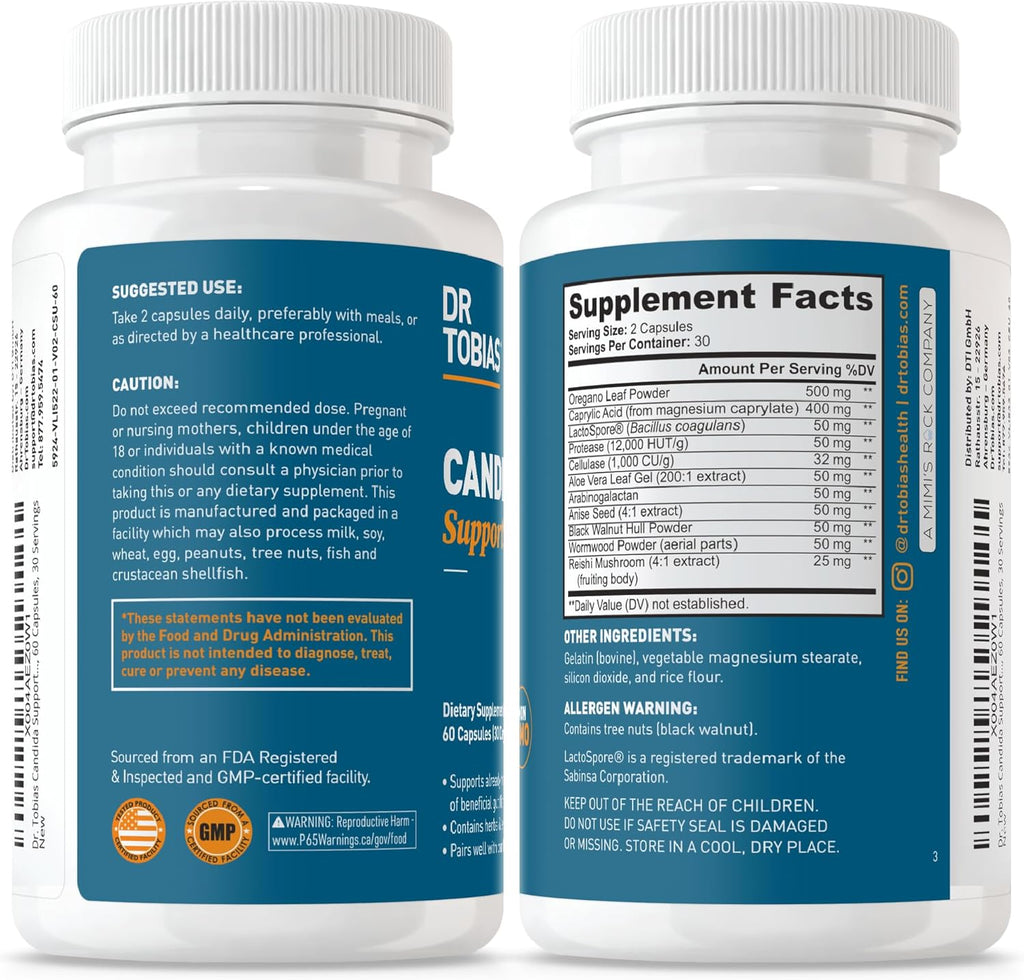 Dr. Tobias Candida Support, Gut Flora Balance Complex with Oregano, Caprylic Acid, Enzymes & Probiotics, Support Intestinal Detox Cleanse & Gut Health for Women & Men, 60 Capsules, 30 Servings