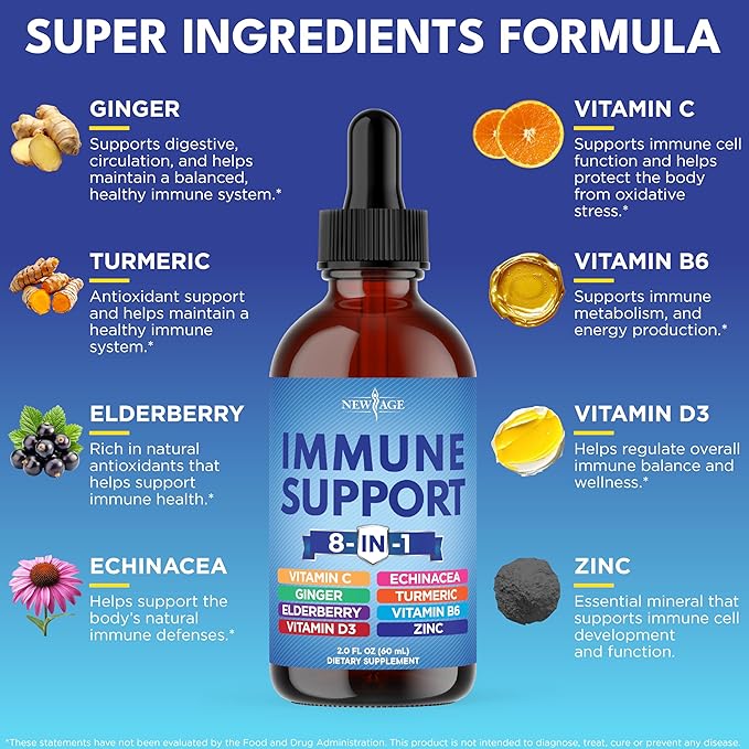 NEW AGE 8-in-1 Immune Support Liquid Drops – Elderberry, Turmeric Curcumin, Echinacea, Ginger, Vitamins C & D3, Zinc & B6 – Fast-Absorbing Immune & Antioxidant Support – Non-GMO – 8 oz