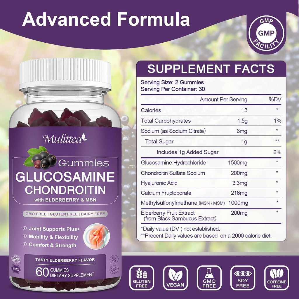 Mulittea Glucosamine Chondroitin Gummies - Extra Strength Joint Support Supplement with MSM & Elderberry for Natural Joint, Antioxidant Immune Support for Adults, Men & Women-(3 Pack)