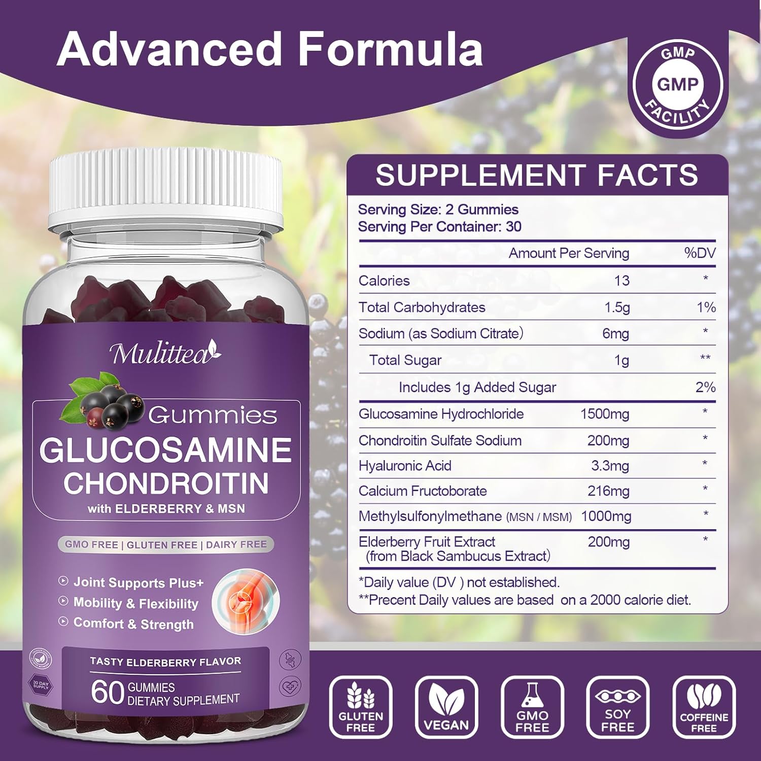 Mulittea Glucosamine Chondroitin Gummies - Extra Strength Joint Support Supplement with MSM & Elderberry for Natural Joint, Antioxidant Immune Support for Adults, Men & Women-(3 Pack)