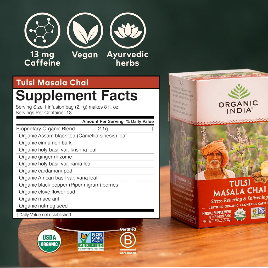 ORGANIC INDIA Tulsi Masala Chai Tea Bags - Holy Basil, Black Tea, Spices with Ginger, Stress Relieving, Immune Support, USDA Certified Organic, Antioxidant, Caffeinated - 18 Infusion Bags, 3 Pack