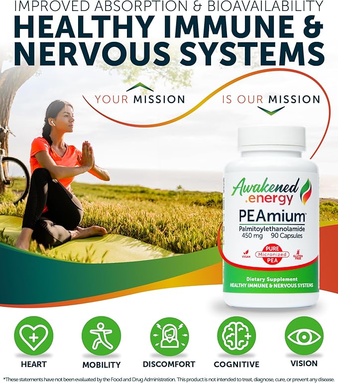 Palmitoylethanolamide 450mg Comfort Mobility Nerves Cognitive & Immune Support - Micronized High Absorption - All Natural Pea - USA Made - No Additives or Excipients – 90 Vegan Capsules Supplement