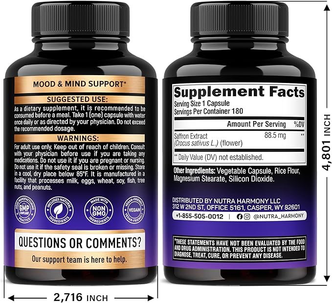 Natural Saffron Supplements - Pure Saffron Extract 88.5 mg - Made in USA - Mood | Focus | Vision | Energy Support - Eye Health for Women & Men - NonGMO Vegan Pills - 180 Powder Capsules