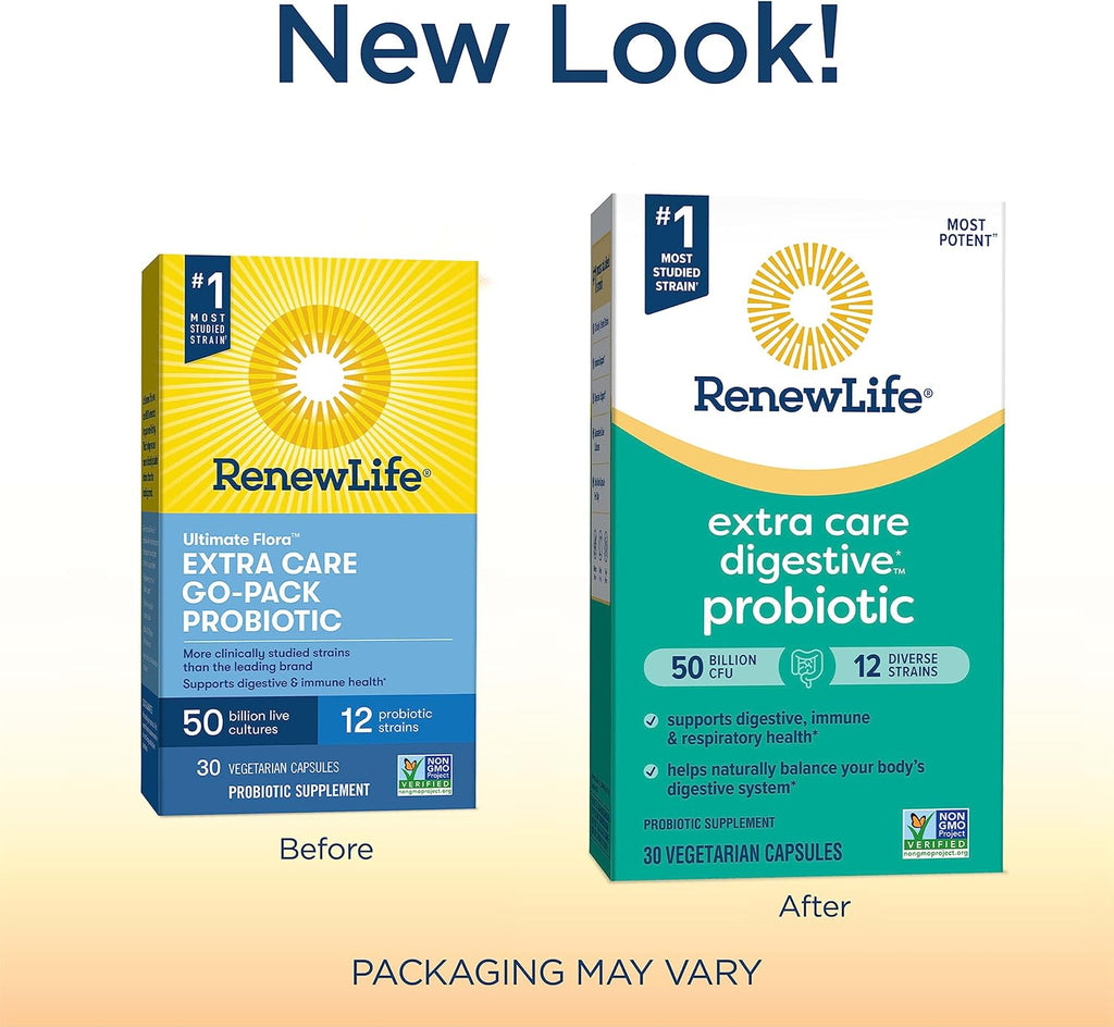 Renew Life Extra Care Go-Pack Probiotic Capsules, Daily Supplement Supports Immune, Digestive and Respiratory Health, L. Rhamnosus GG, Dairy, Soy and gluten-free, 50 Billion CFU, 30 Ct
