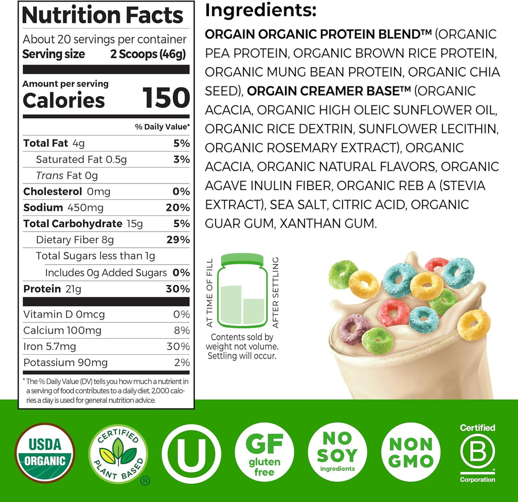 Orgain Organic Vegan Protein Powder, Fruity Cereal - 21g Plant Based Protein, 8g Prebiotic Fiber, Low Net Carb, No Lactose Ingredients, No Added Sugar, Non-GMO, For Shakes & Smoothies, 2.03 lb