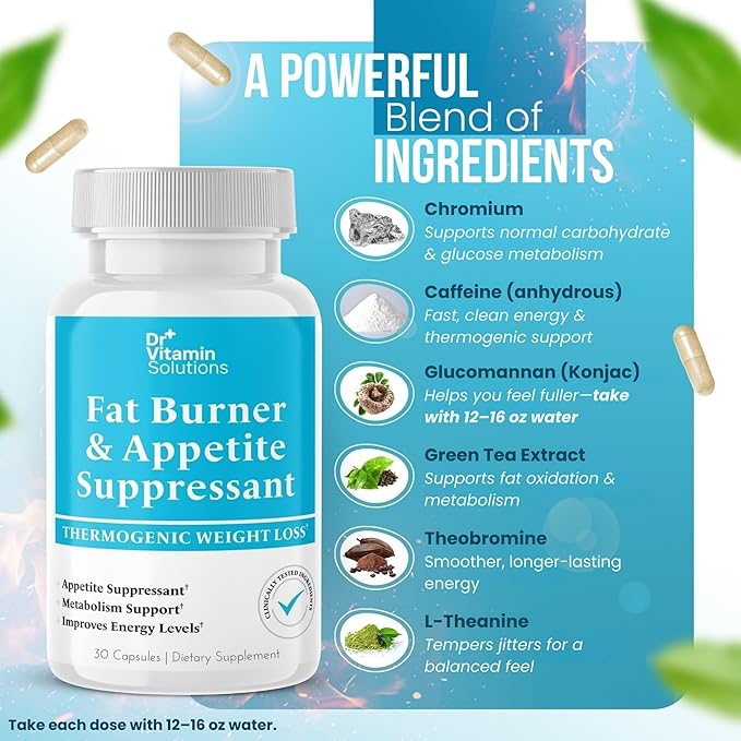 Fat Burner for Women & Men - Appetite Suppressant for Weight Loss - Pills w/Metabolism Booster Thermogenic Weight Loss Supplement - Chromium, Caffeine & Green Tea - 30 Capsules