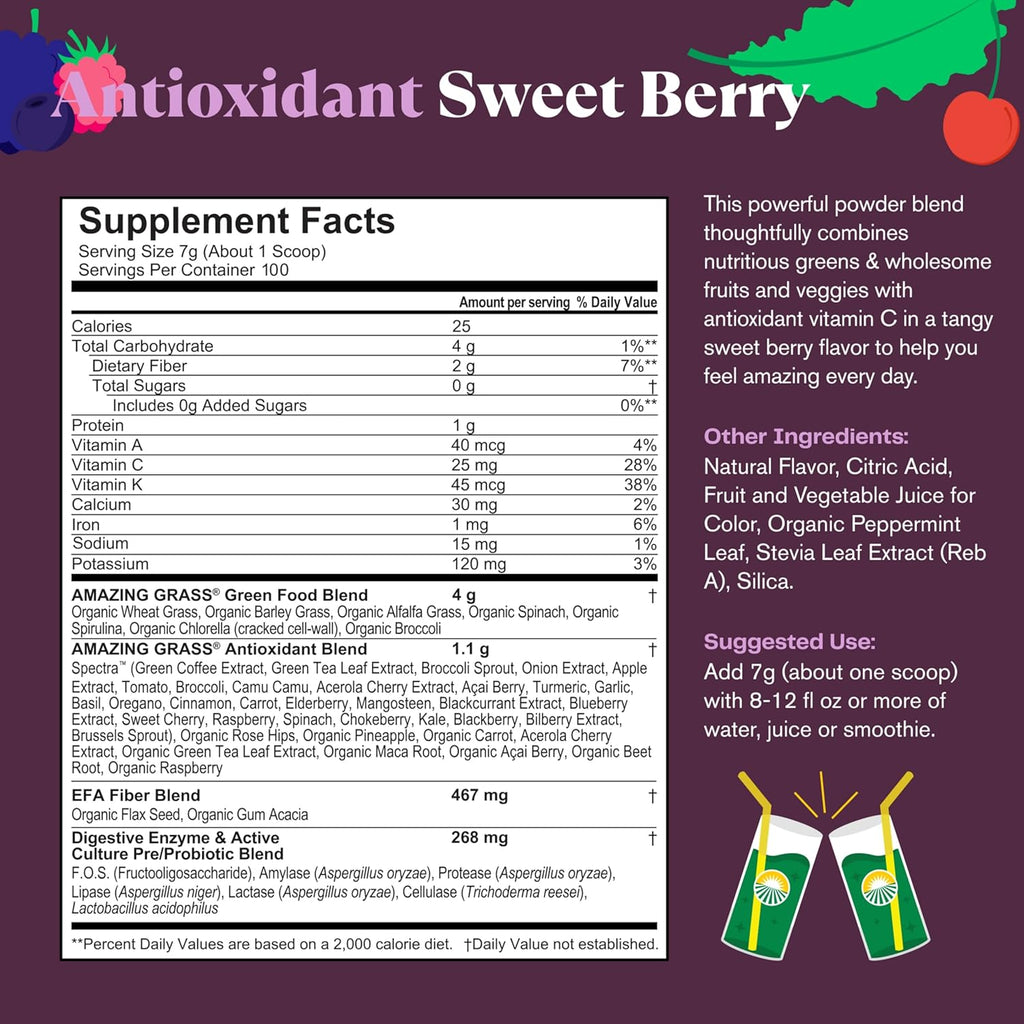 Amazing Grass Greens Superfood Antioxidant: Greens Powder with Organic Spirulina, Beet Root Powder, Elderberry & Probiotics, Sweet Berry, 100 Servings (Packaging May Vary)