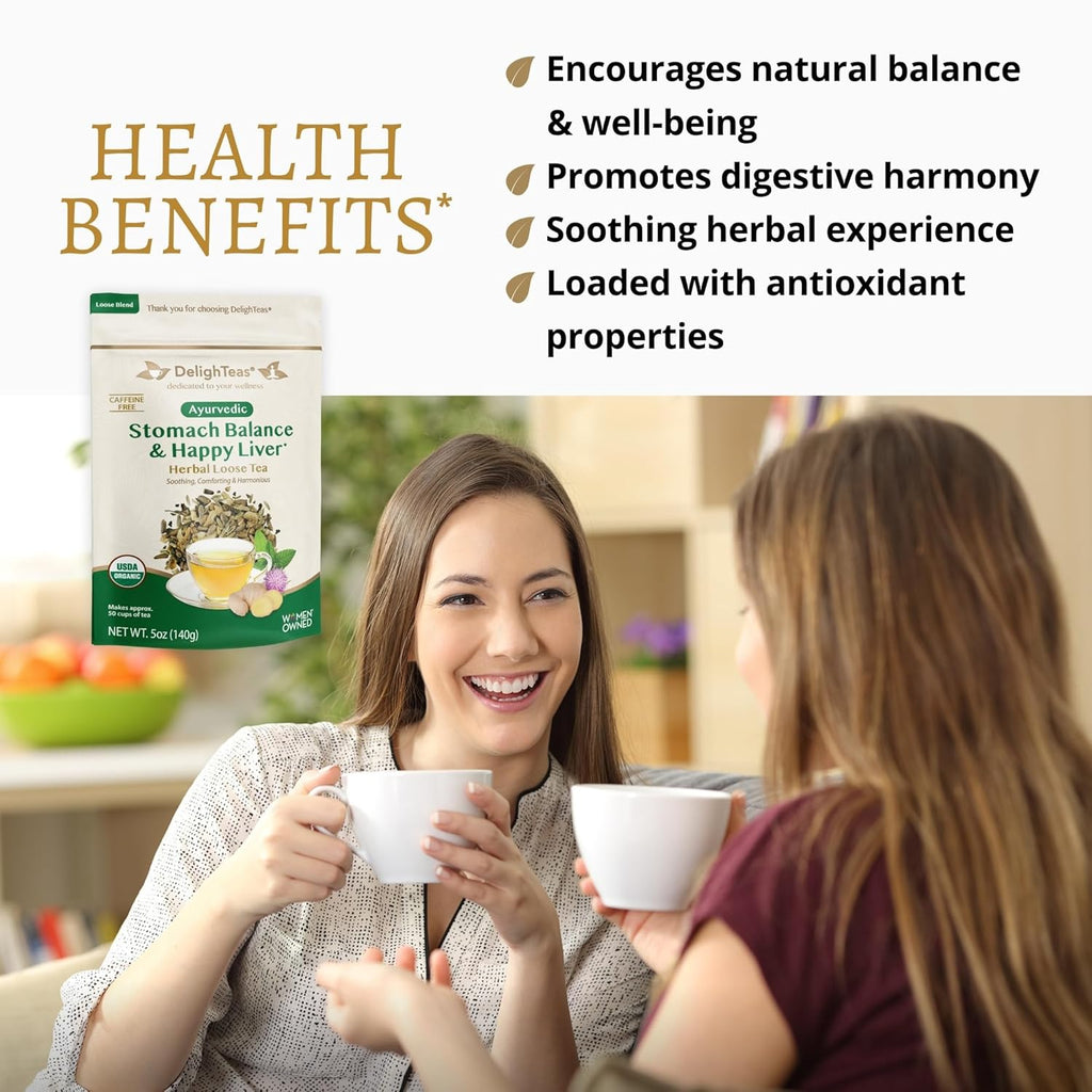 DelighTeas Stomach & Liver Tea | Ayurvedic Herbal Blend for Digestion | Organic Milk Thistle, Fennel, Ginger, Peppermint & Licorice | Vegan, Caffeine-Free, Sugar-Free | Loose Leaf, 50 Servings, 5oz