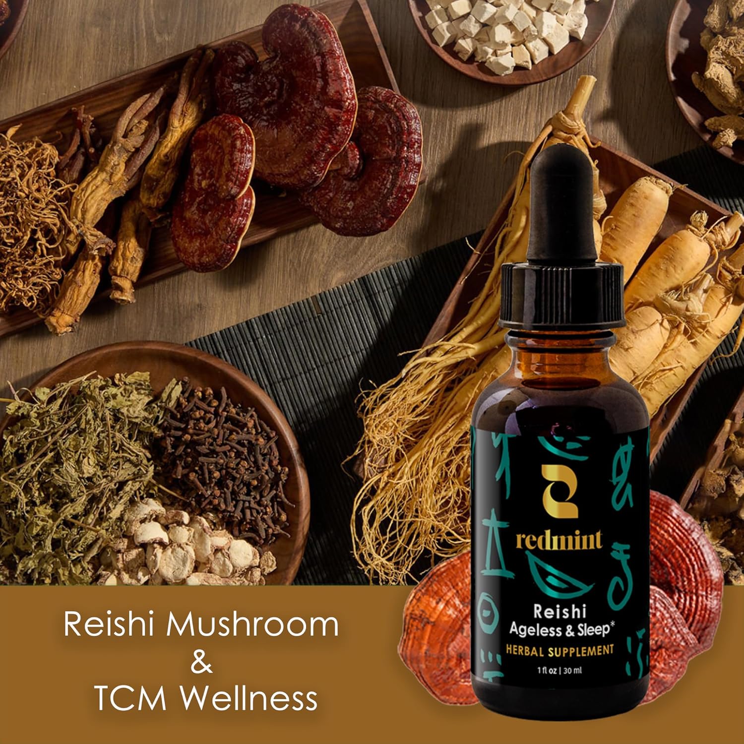 Redmint Reishi Mushroom Herbal Tincture - Ageless & Sleep | Natural Mushroom Supplement with TCM Herbs Dong Quai, Schisandra for Restful Sleep, Immune Support, Relaxation,Skin Health| 1 fl oz