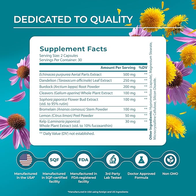 PUREHEALTH RESEARCH Lymph System Support - Lymphatic Drainage Supplement for Women & Men - Bromelain, Echinacea, Dandelion, Burdock Root, Lemon Powder, Kelp, Rutin, Cleavers & More - 120 Capsules