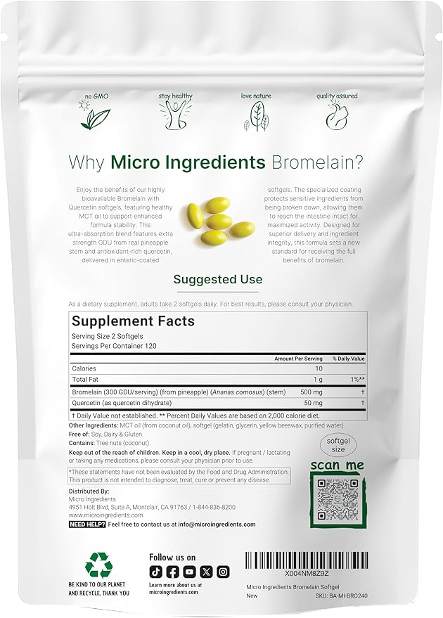 Bromelain 500mg with Quercetin & MCT Oil, 240 Enteric Coated Softgels | Ultra Absorption Bromelain Supplement | Natural Digestive Enzymes for Digestion & Joint Health | Non-GMO, Gluten Free