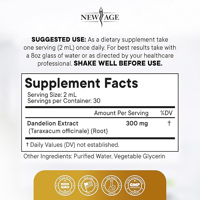NEW AGE Dandelion Root Extract Drops - Liver Cleanse Detox Support - Dandelion Tincture for Liver Support - Vegan, Sugar & Alcohol-Free Liquid Supplement - 2 fl oz