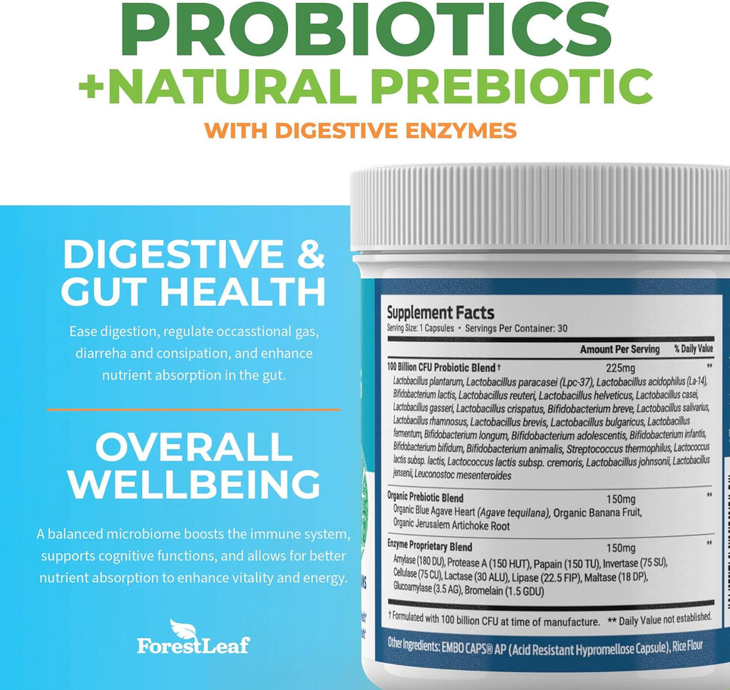 Probiotics for Men and Women, 100 Billion CFU, 26 Unique Strains, Men's and Women's Probiotic and Prebiotics Support Digestive Health, Gut Wellness, Energy, Mood, Immune, PH Balance (30 Caps)