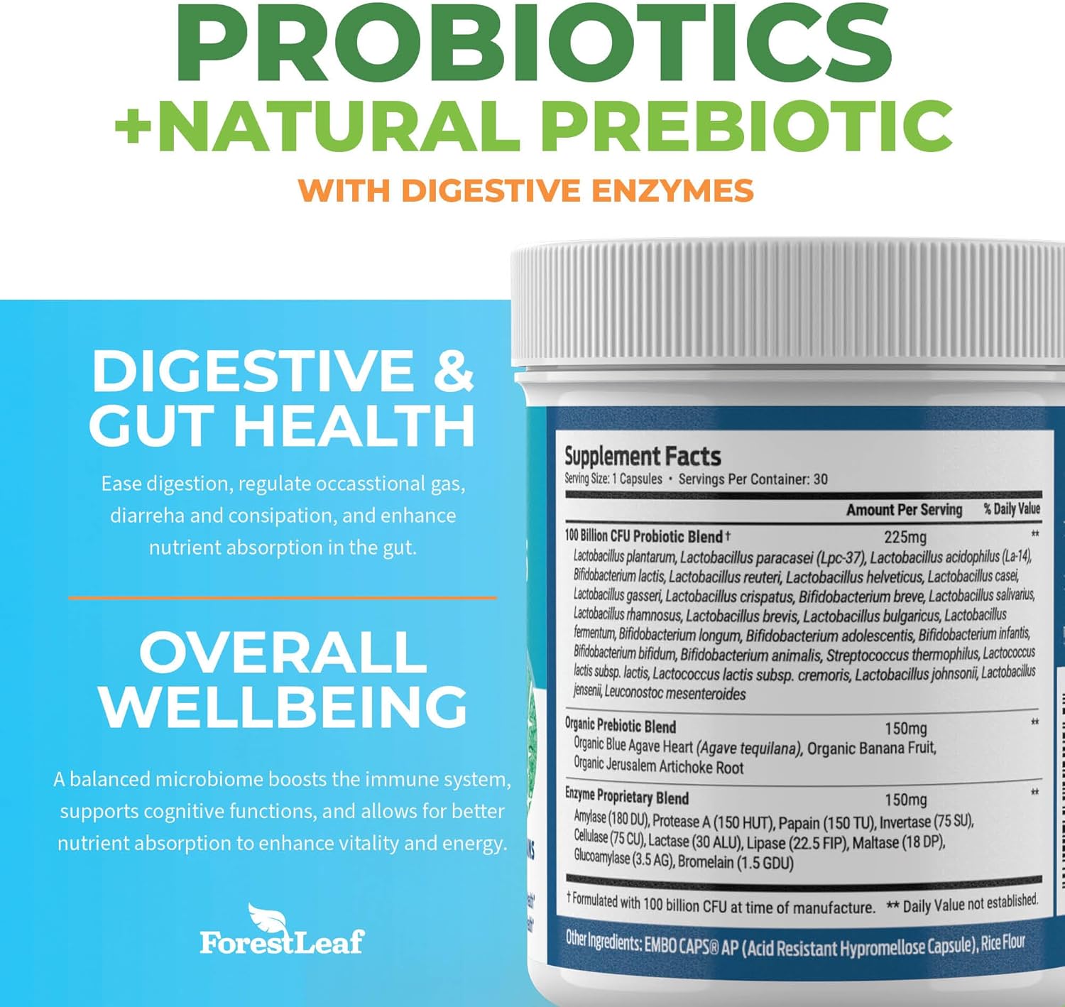 Probiotics for Men and Women, 100 Billion CFU, 26 Unique Strains, Men's and Women's Probiotic and Prebiotics Support Digestive Health, Gut Wellness, Energy, Mood, Immune, PH Balance (30 Caps)