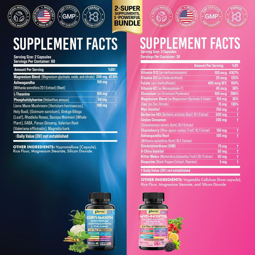 Cortisol & Myo-Inositol Supplement Bundle, Soothe & Smooth Bundle, 13-in-1 Cortisol Balance, Magnesium, Ashwagandha, L-Theanine, D-Chiro Inositol, Folate, Berberine, Chasteberry (150 Capsules)