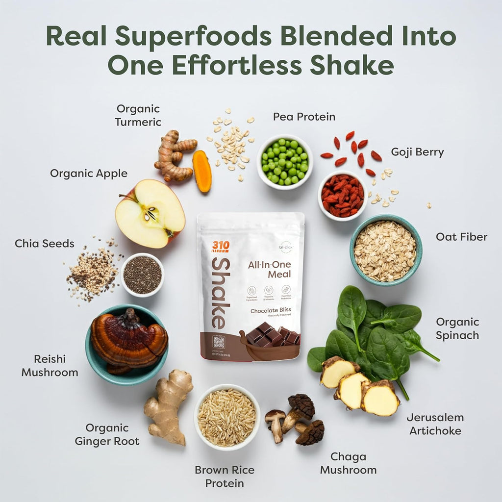 310 Nutrition All-In-One Meal Replacement Shake Powder - Plant-Based Protein Smoothie Blend w/High Fiber, Probiotics & Adaptogens - Low Carb, Vegan, Keto & Paleo Friendly - Chocolate Bliss - 14 Srv