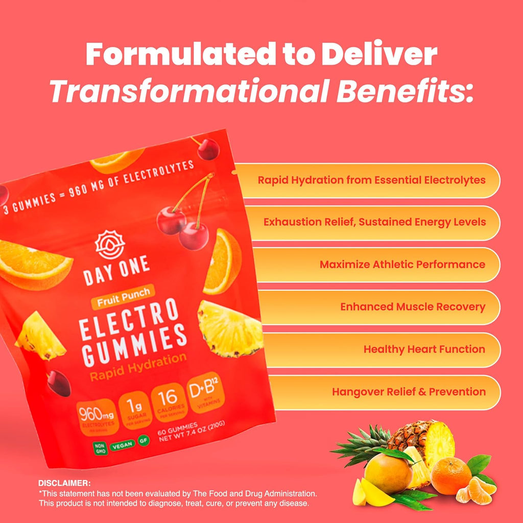 Day One Electrogummies - 60pcs. of Fruit Punch Flavored Electrolyte Gummies for Hydration and Recovery - Packed with Essential Electrolytes Ideal for Workouts, Running, Hiking and More