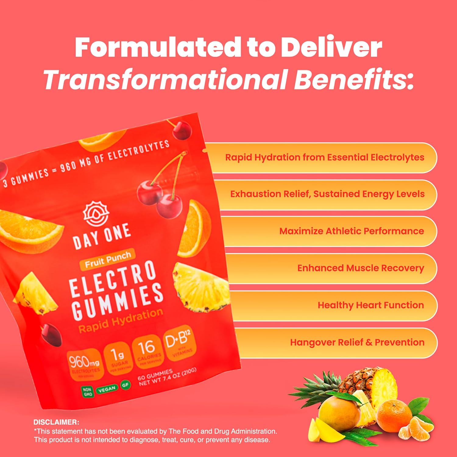 Day One Electrogummies - 60pcs. of Fruit Punch Flavored Electrolyte Gummies for Hydration and Recovery - Packed with Essential Electrolytes Ideal for Workouts, Running, Hiking and More