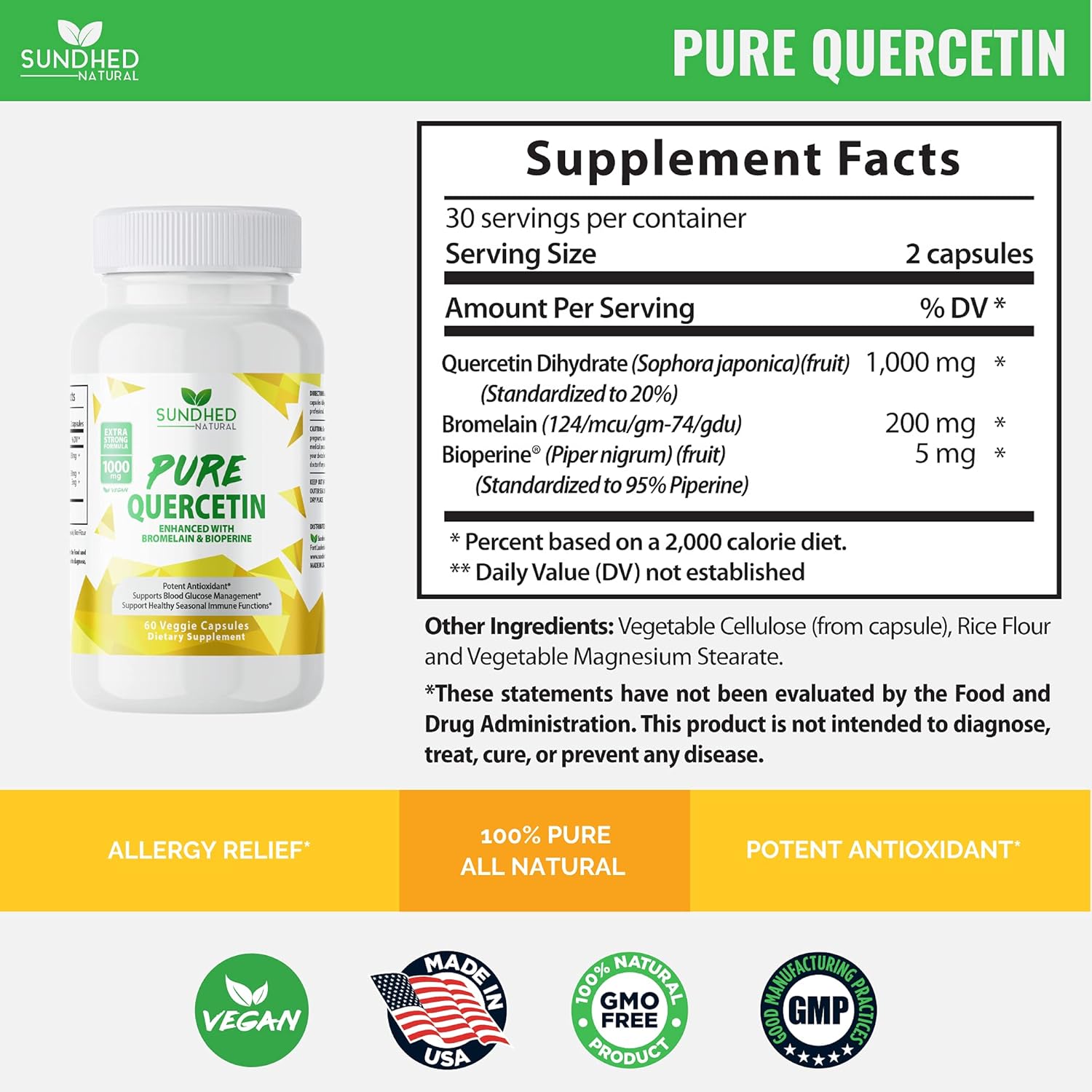 Pure Quercetin with Bromelain and Bioperine - Antioxidant Support, Extra Strong Formula with 1000mg, 1-Month Supply