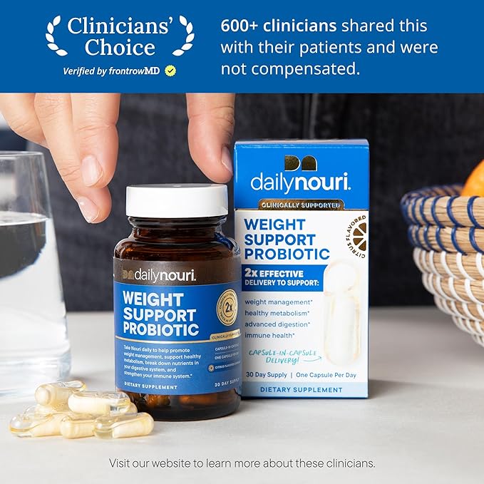 Daily Nouri Weight Support Probiotic for Women & Men | Healthy Weight Management, Metabolism, Digestion & Gut Health | 3 Clinically Studied Strains + Vegan Omega Oil | 30-Day Supply