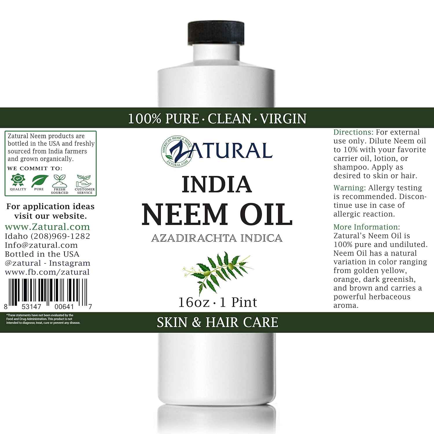 Zatural Organically Grown Neem Seed Oil 100% Pure Cold Pressed for Hair, Skin, Nails, Garden & Pets (16oz)