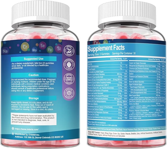 Totaria Sugar Free Multivitamin for Men with Omega 3, Probiotics, Mens Multivitamins Gummies w/Methylated B Complex, EAAs, Lycopene, Zinc, for Daily Energy, Immune, Heart, Iron Free, 60 Count