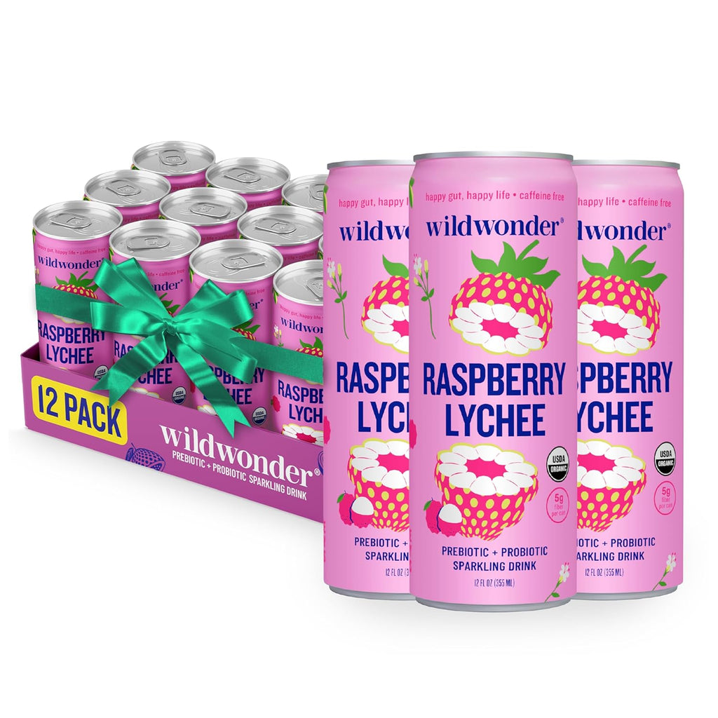 NEW! wildwonder Sparkling Probiotic Drink 12pk, For Gut Health & Immune Support, Raspberry Lychee, 5g Prebiotic Fiber, Live Probiotics, Organic, Vegan, Low Sugar, 12 Pack, 12oz Can, Seen on Shark Tank