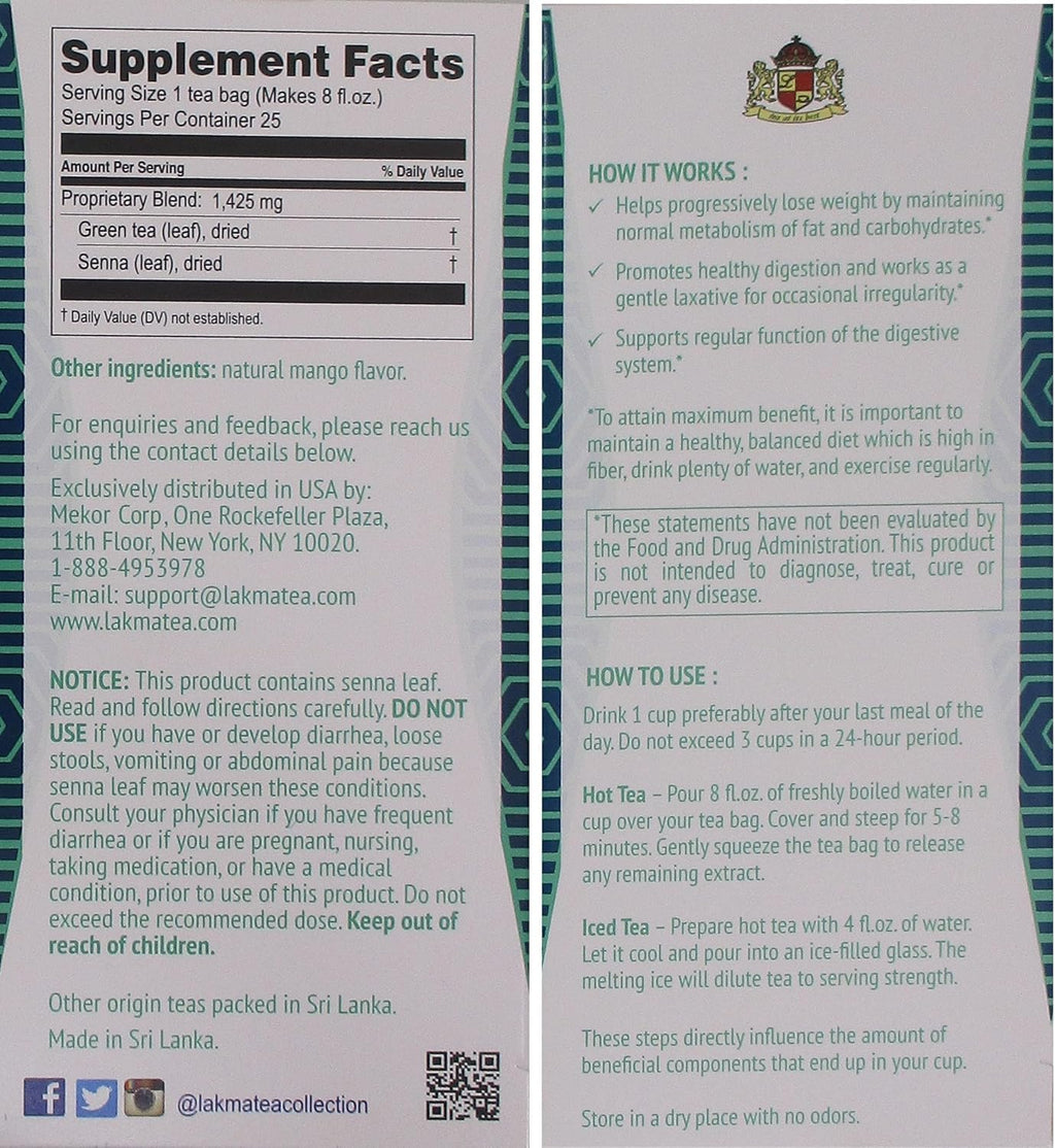 Lakma Super Slim Tea Herbal Supplement for Cleanse and Detox - Green Tea with Senna Bundle - 25 Tea Bags Each (50 Tea Bags Total)