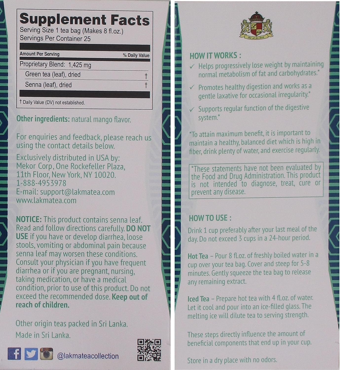 Lakma Super Slim Tea Herbal Supplement for Cleanse and Detox - Green Tea with Senna Bundle - 25 Tea Bags Each (50 Tea Bags Total)