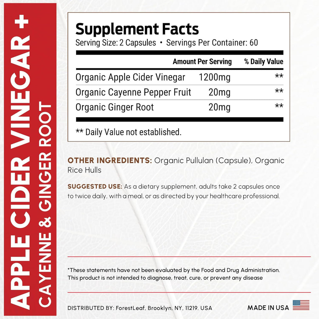 Organic Apple Cider Vinegar Capsules 1200mg – Supports Metabolism, Detox, Digestion, Gut Health – USDA Organic Apple Cider Vinegar Pills with Cayenne Pepper & Ginger Root – 120 Caps – by Forest Leaf