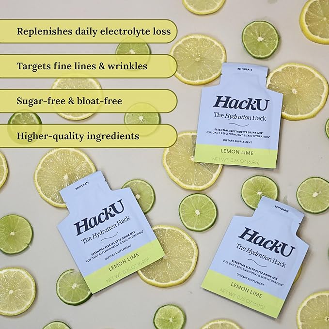 HackU Hydration Hack Electrolyte & Skin Hydration Packets – Sugar Free, Bloat-Free Drink Mix with Magnesium, Hyaluronic Acid & Ceramides for Daily Glow & Moisture Support