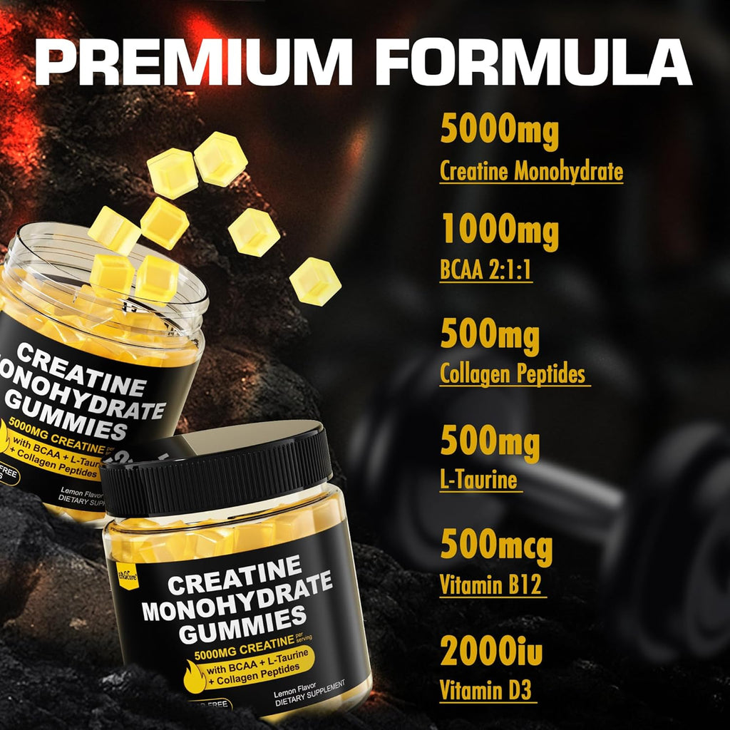 Creatine Monohydrate Gummies for Men & Women - with BCAA, Collagen Peptides, L-Taurine, Vitamin B12, D3, Chewables Creatine Monohydrate 5g Per Serving, Natural Lemon Flavor, Sugar Free, 2 Pack