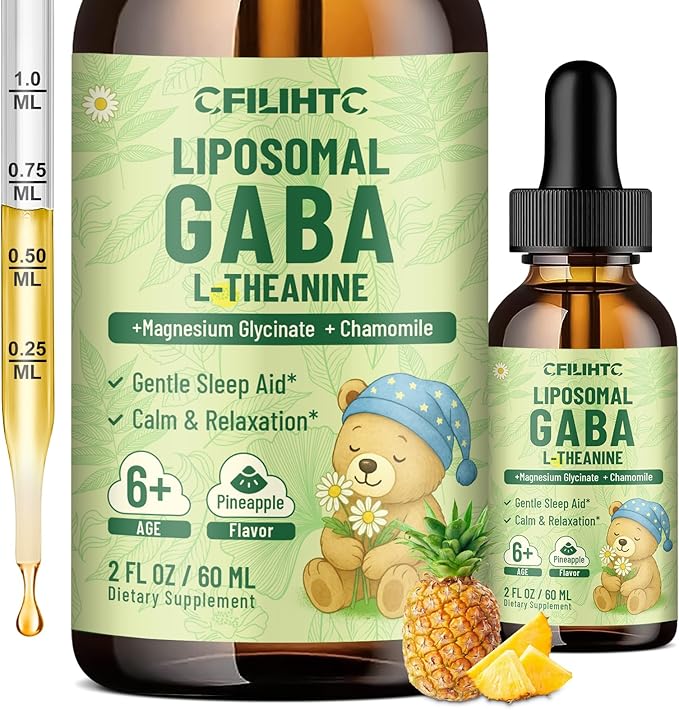 Liposomal GABA L-Theanine Drops for Kids - Liquid GABA Supplement with Magnesium, Chamomile, Lemon Balm & Vitamin B6 - Support Relaxation, Focus & Stress Relief for Kids & Adults - Pineapple Flavor